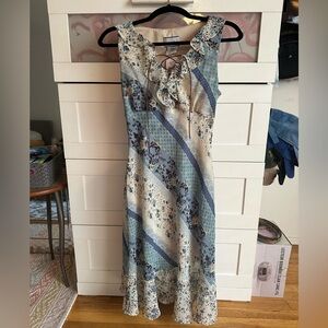 Vintage y2k Blue Floral Lace Up V-Neck Dress